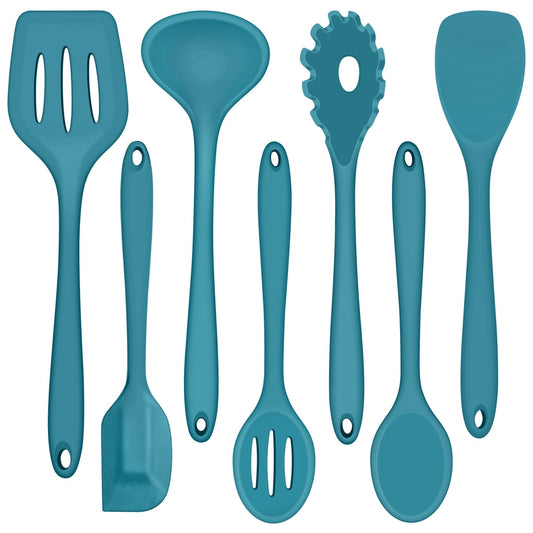Seamless One-Piece 7-Piece Silicone Cooking Utensils Set, Blue Kitchen Utensils, Non-stick Gadgets Tools Include Slotted Turner, Soup La... - Premium Stainless Steel Cooking Utensil for Non-Stick Pots - Default Title