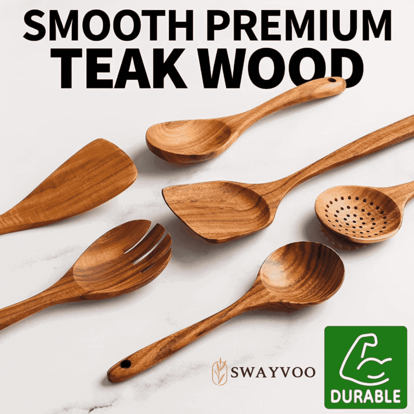 Seamless One-Piece Wooden Spoons for Cooking, 6-Piece 100% Natural Teak Wooden Utensils for Cooking — Heat Resistant, Non-Stick ... - Durable Turner & Ladle Utensil Set for Home Chefs - Default Title