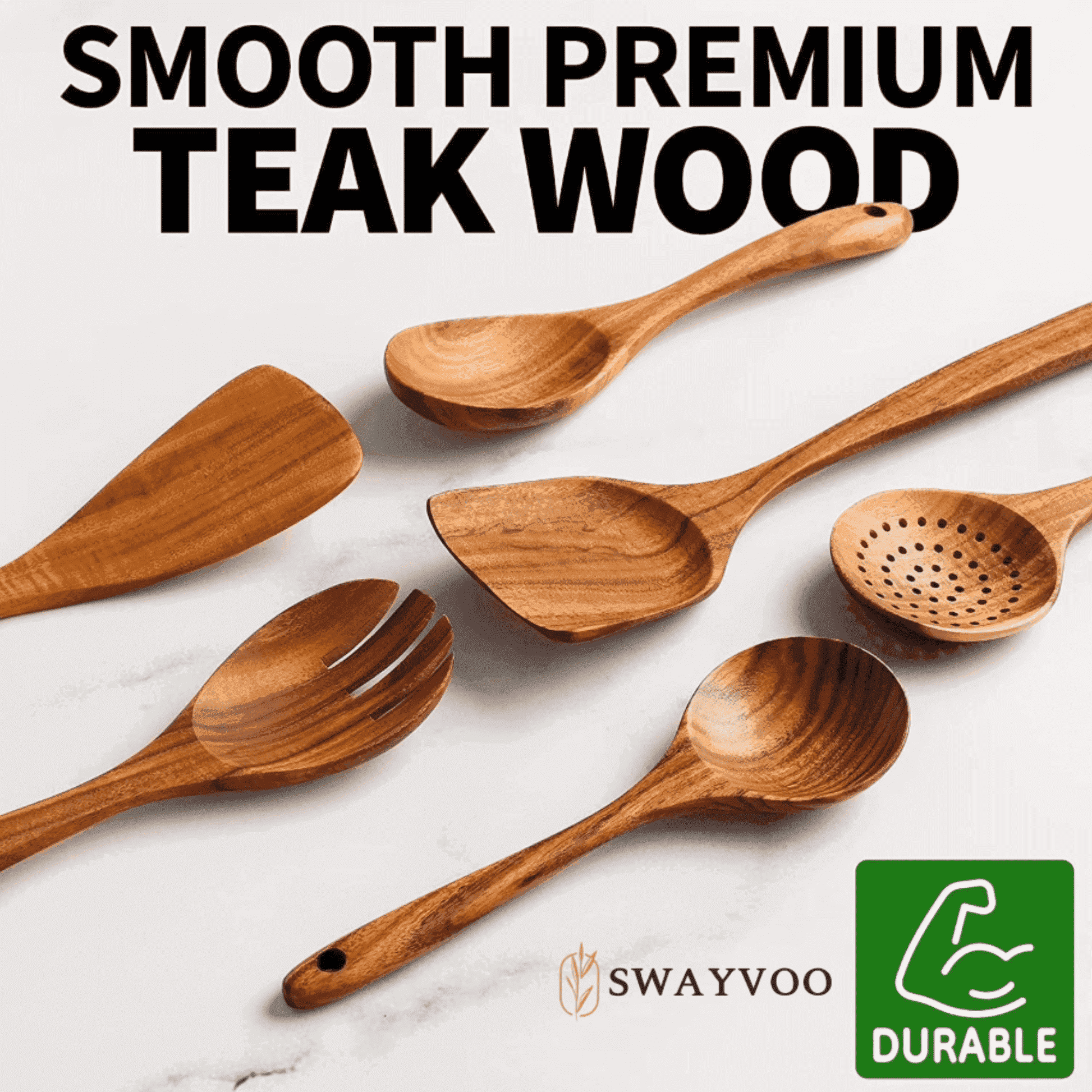 Seamless One-Piece Wooden Spoons for Cooking, 6-Piece 100% Natural Teak Wooden Utensils for Cooking — Heat Resistant, Non-Stick ... - Durable Turner & Ladle Utensil Set for Home Chefs - Default Title