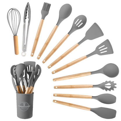 Ergonomic Cooking Silicone Wooden Heat Resistant Kitchen Utensil Set, 12 pcs - Heat-Resistant Silicone Cooking Spatula Turner - Default Title