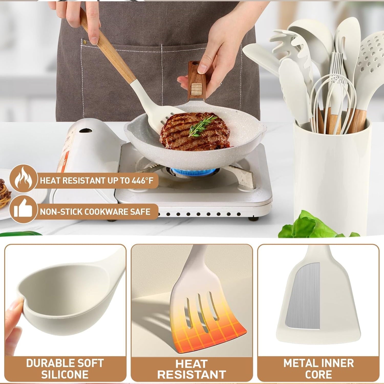 Seamless One-Piece Cooking Utensils Set, 12 packs Non-Stick Silicone Cooking Kitchen Utensils Spatula Set with Wooden Handles and... - Durable Turner & Ladle Utensil Set for Home Chefs Detail