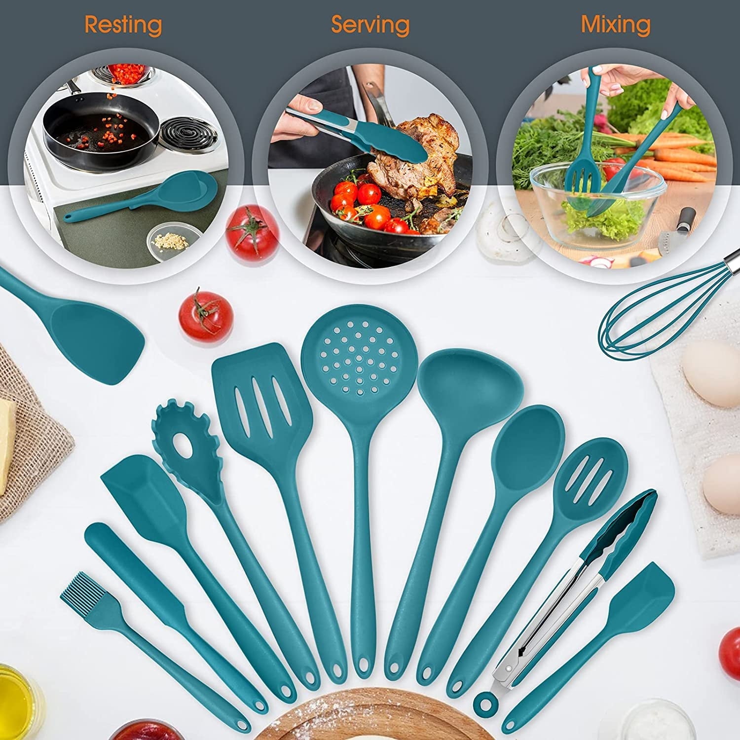 Heat-Resistant 15-Piece Kitchen Utensils Set, Silicone Cooking Utensils with Holder, Non-stick Cookware Friendly & Heat Resistant - ... - Premium Stainless Steel Cooking Utensil for Non-Stick Pots Detail