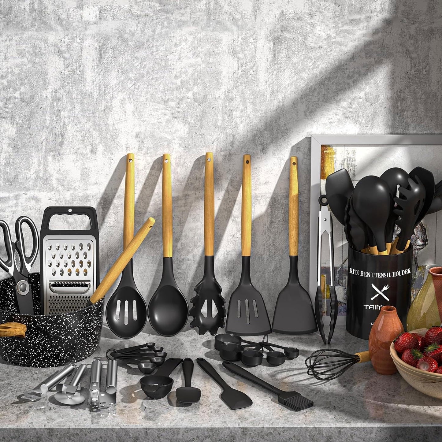 High-Precision Kitchen Utensil Set, 34Pieces Silicone Cooking Utensil Set with Wooden Handle, Heat Resistant Spatula Set Gadg... - Heavy Duty Stainless Steel Kitchen Shears Detail