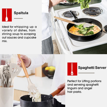 Heat-Resistant Kitchen Utensils Set of 6, Silicone Cooking Utensils with Wooden Handle, Non-Stick Cookware & Heat Resistant, Include... - Ergonomic Kitchen Tongs and Cooking Spoon Utensil Detail