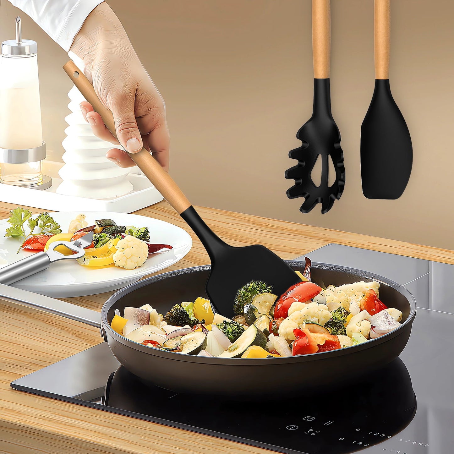 Ergonomic Manual Silicone Cooking Utensils Set - Silicone Kitchen Utensils for Cooking Wooden Handles, 446°F Heat Resistant Kitchen Ut... - Innovative Kitchen Helper for Modern Cooking Detail