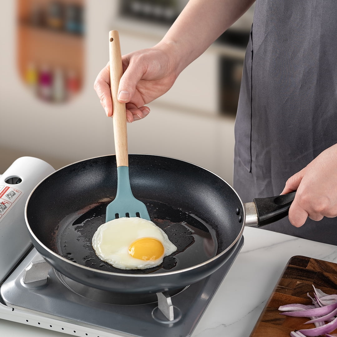 Premium Silicone Small Silicone Cooking Utensils with Holder Set (12Pack), Aqua Kitchen Tools with Wooden Handle for Nonstick... - Heat-Resistant Silicone Cooking Spatula Turner Detail