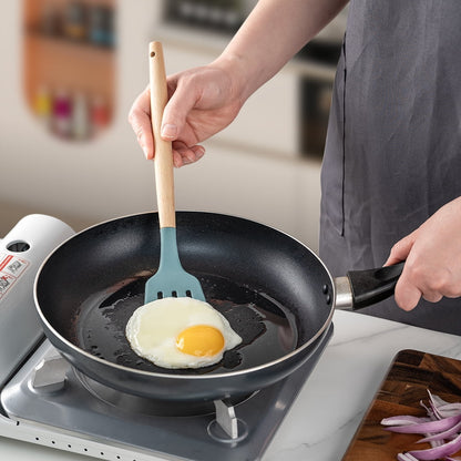 Premium Silicone Small Silicone Cooking Utensils with Holder Set (12Pack), Aqua Kitchen Tools with Wooden Handle for Nonstick... - Heat-Resistant Silicone Cooking Spatula Turner Detail