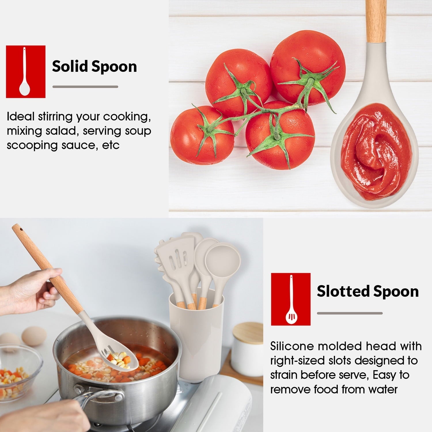Heat-Resistant Kitchen Utensils Set of 6, Silicone Cooking Utensils with Wooden Handle, Non-Stick Cookware & Heat Resistant, Include... - Ergonomic Kitchen Tongs and Cooking Spoon Utensil Detail