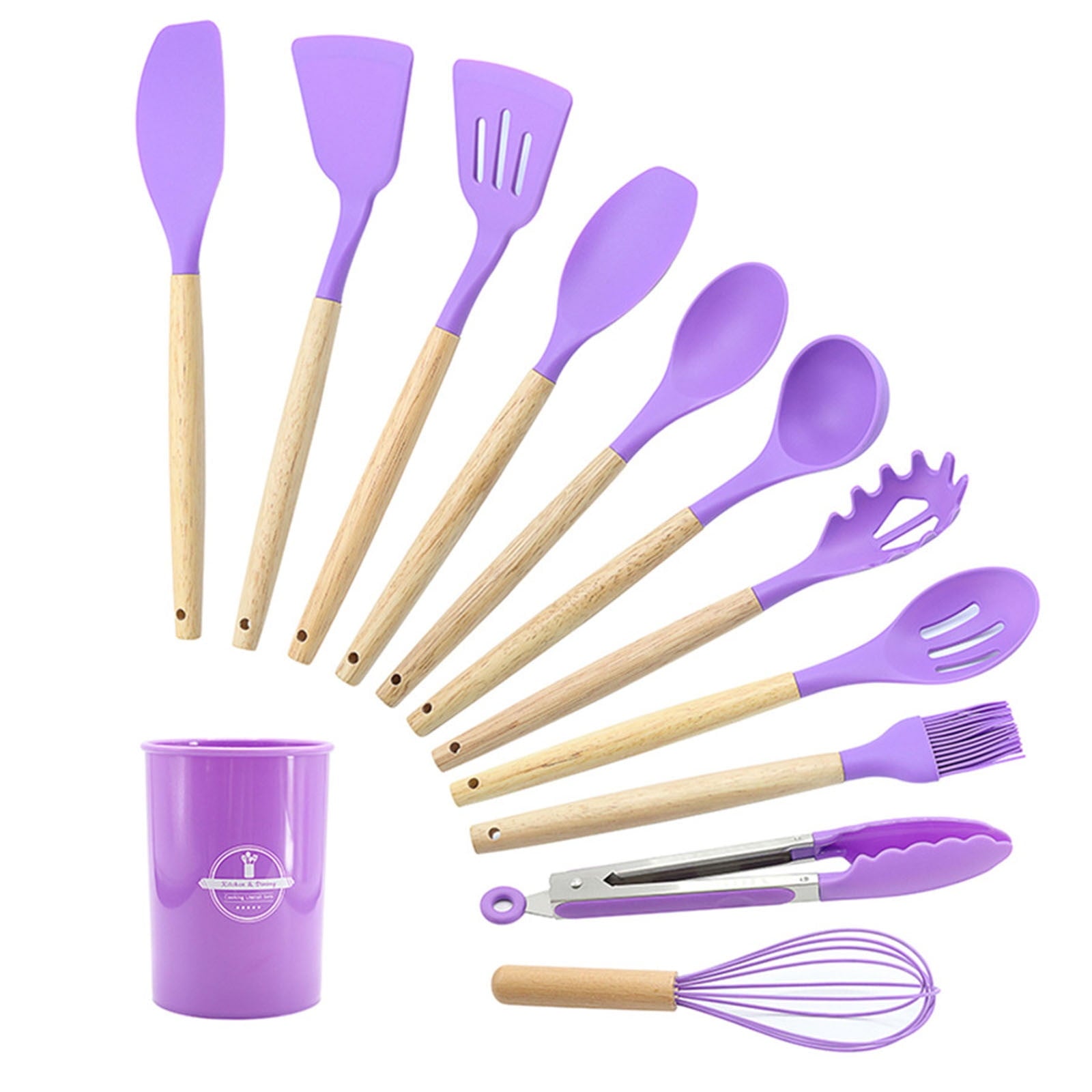Seamless One-Piece 12Pcs Cooking Kitchen Utensils Set with Holder,Wooden Handles Cooking Tool,BPA Free,Non Toxic Turner Tongs Spa... - Durable Turner & Ladle Utensil Set for Home Chefs Detail