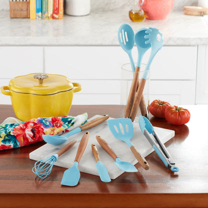 Heavy Duty 10-Piece Silicone and Acacia Wood Handle Cooking Utensils Set, Blue - Professional Kitchen Tool for Culinary Enthusiasts Detail