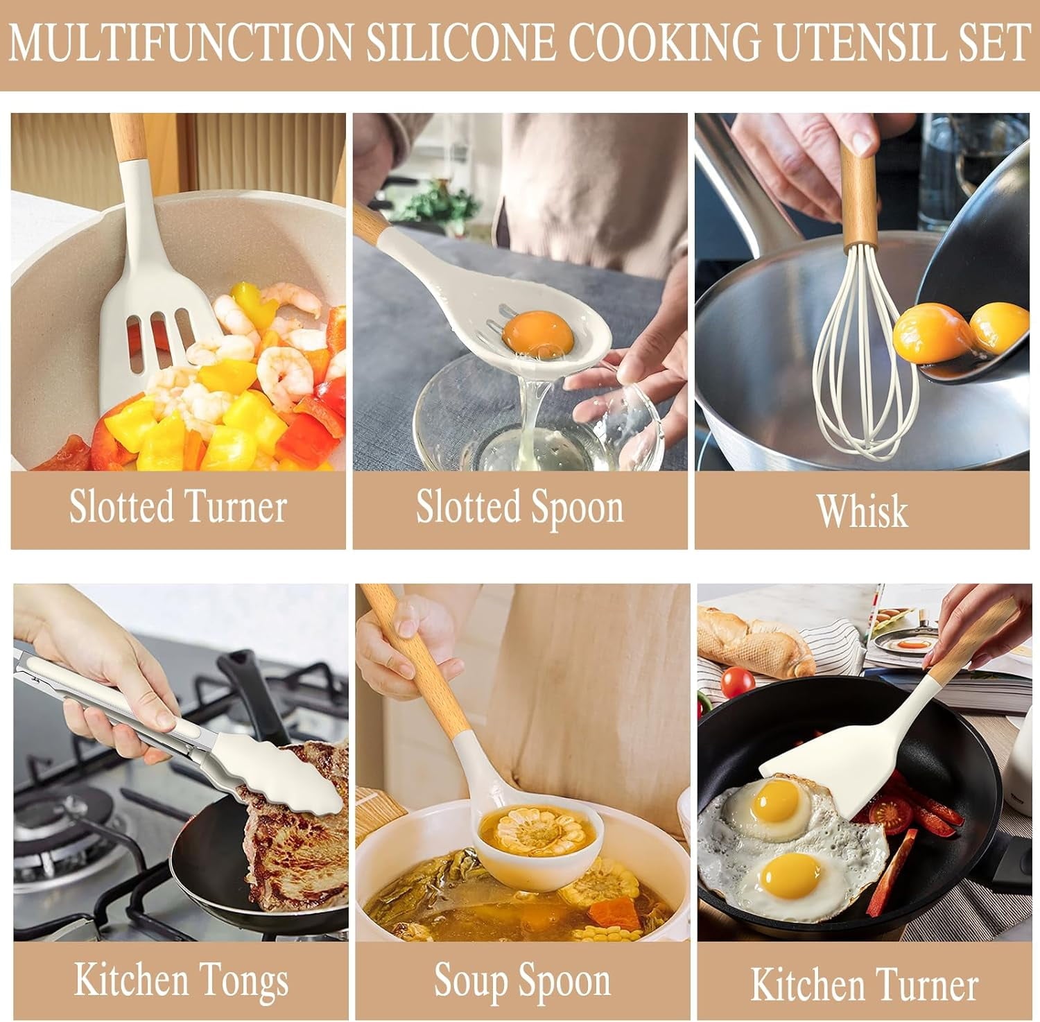 Ergonomic Manual Kitchen Cooking Utensils Set, 33 pcs Non-stick Silicone Cooking Kitchen Utensils Spatula Set with Holder, Wooden Hand... - Innovative Kitchen Helper for Modern Cooking Detail