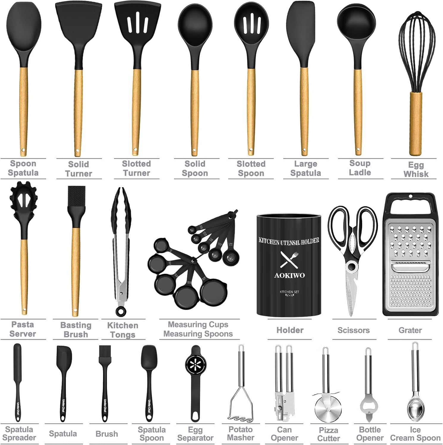 Non-Stick Safe Kitchen Utensil Set, 34Pieces Silicone Cooking Utensil Set with Wooden Handle, Heat Resistant Spatula Set Gadg... - Premium Stainless Steel Cooking Utensil for Non-Stick Pots Detail