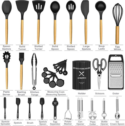 High-Precision Kitchen Utensil Set, 34Pieces Silicone Cooking Utensil Set with Wooden Handle, Heat Resistant Spatula Set Gadg... - Heavy Duty Stainless Steel Kitchen Shears Detail