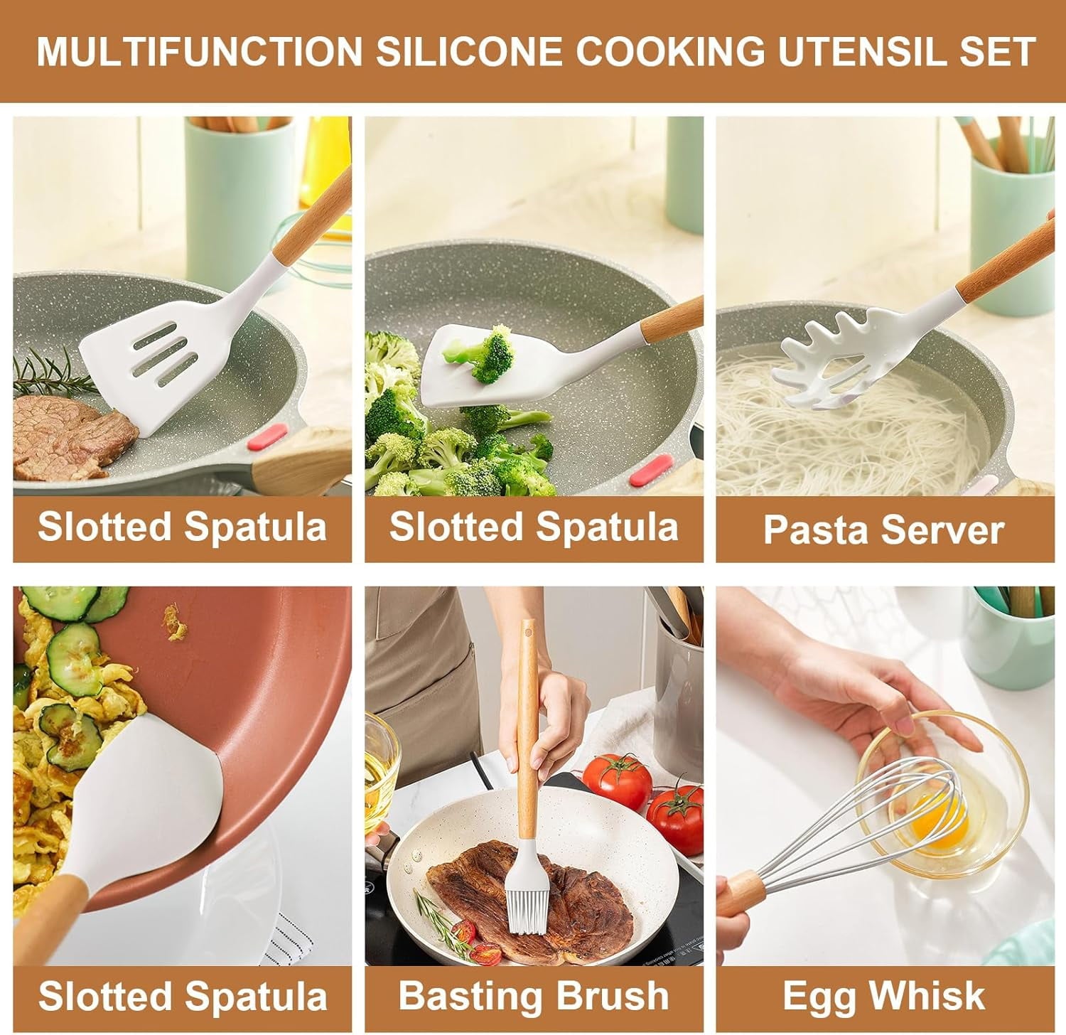 Seamless One-Piece Cooking Utensils Set, 12 packs Non-Stick Silicone Cooking Kitchen Utensils Spatula Set with Wooden Handles and... - Durable Turner & Ladle Utensil Set for Home Chefs Detail