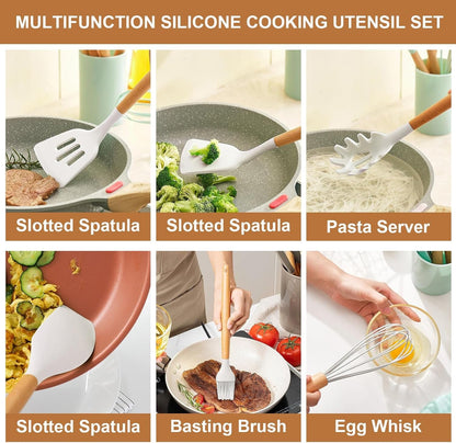 Seamless One-Piece Cooking Utensils Set, 12 packs Non-Stick Silicone Cooking Kitchen Utensils Spatula Set with Wooden Handles and... - Durable Turner & Ladle Utensil Set for Home Chefs Detail