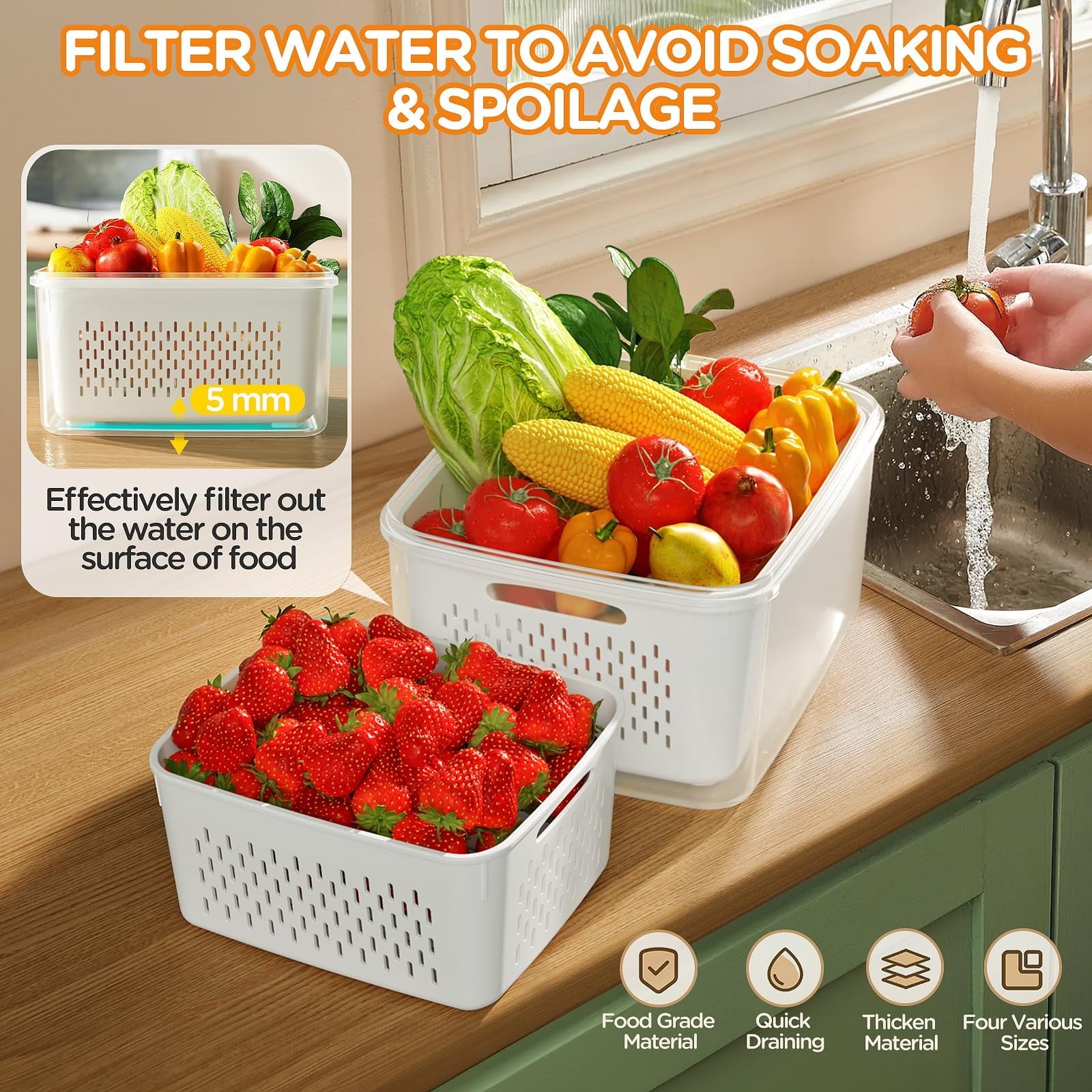 Fun Food Fidget 5 Pack Fruit Storage Containers for Fridge with Removable Colanders and Lids, 5 in 1 Leakproof Fridge Organizer Bins ... - Playful Star & Heart Shaped Geometric NeeDoh Detail