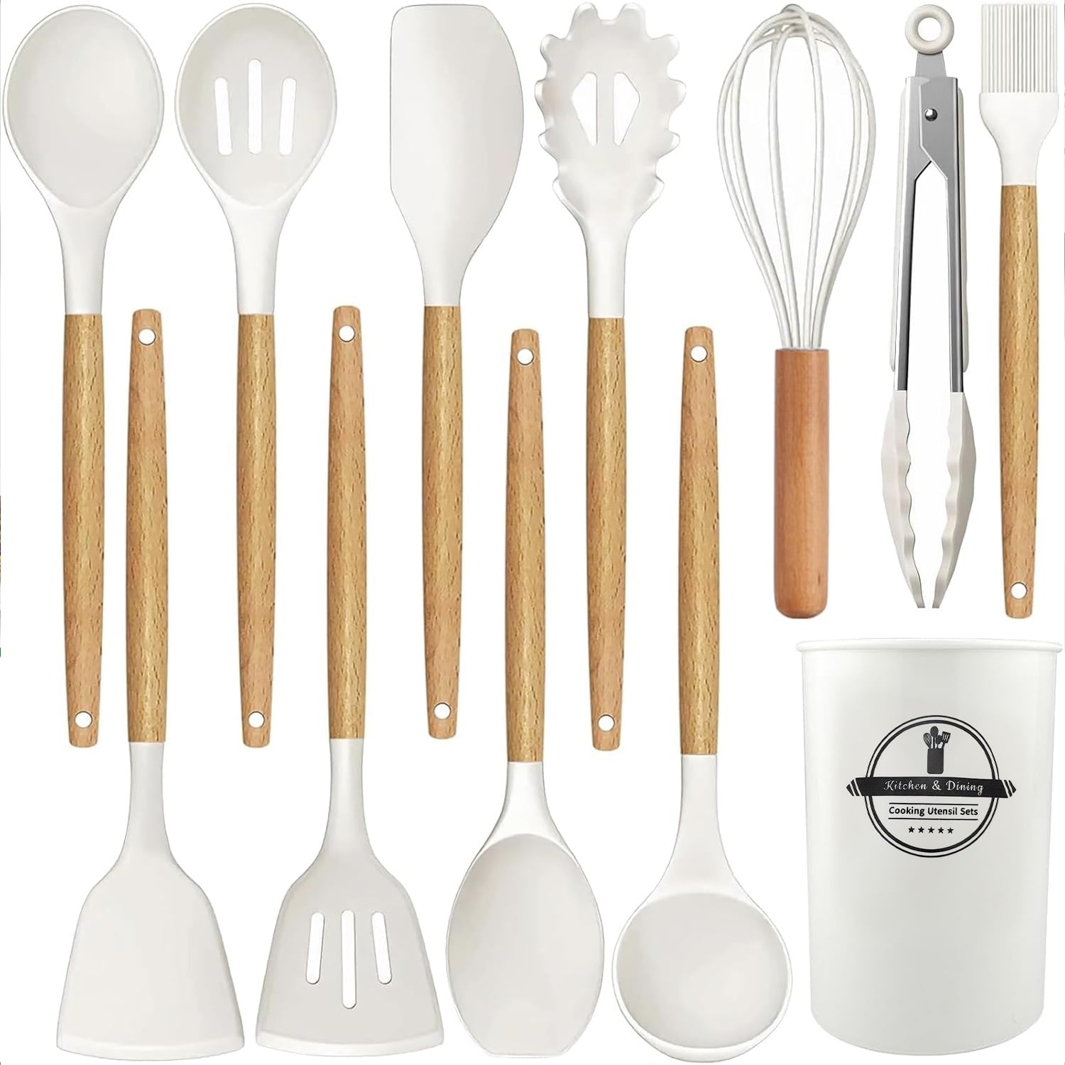Seamless One-Piece Cooking Utensils Set, 12 packs Non-Stick Silicone Cooking Kitchen Utensils Spatula Set with Wooden Handles and... - Durable Turner & Ladle Utensil Set for Home Chefs - Default Title