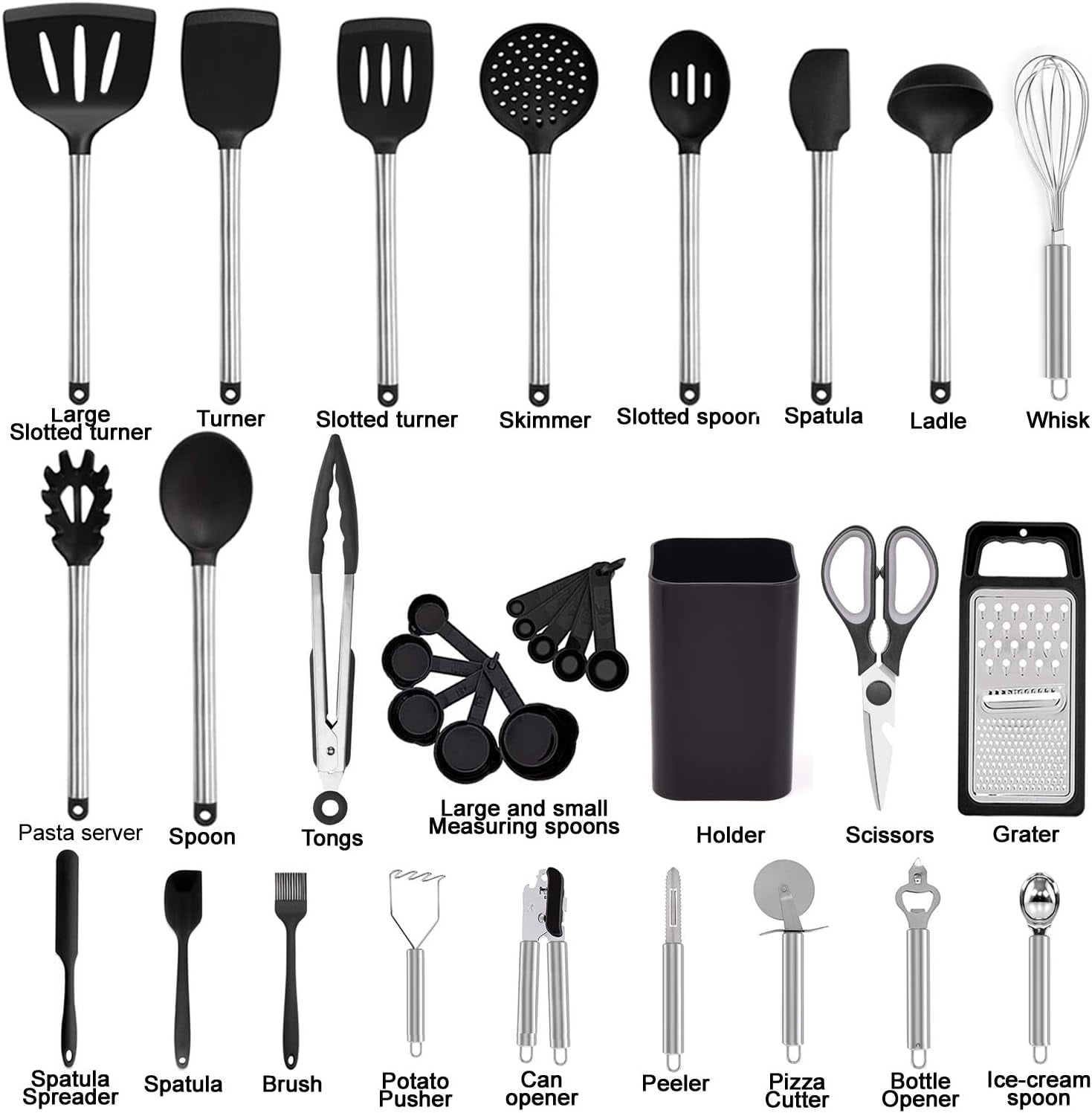 Heat-Resistant Kitchen Utensil Set-Silicone Cooking Utensils-33 Kitchen Gadgets & Spoons for Nonstick Cookware-Silicone and Stainles... - Premium Stainless Steel Cooking Utensil for Non-Stick Pots Detail