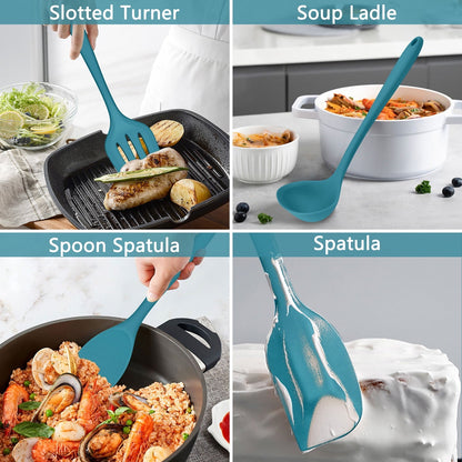 Seamless One-Piece 7-Piece Silicone Cooking Utensils Set, Blue Kitchen Utensils, Non-stick Gadgets Tools Include Slotted Turner, Soup La... - Premium Stainless Steel Cooking Utensil for Non-Stick Pots Detail
