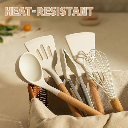 Premium Silicone Kitchen Cooking Utensils Set, 33 pcs Non-stick Silicone Cooking Kitchen Utensils Spatula Set with Holder, Wooden Hand... - Ergonomic Kitchen Tongs and Cooking Spoon Utensil Detail