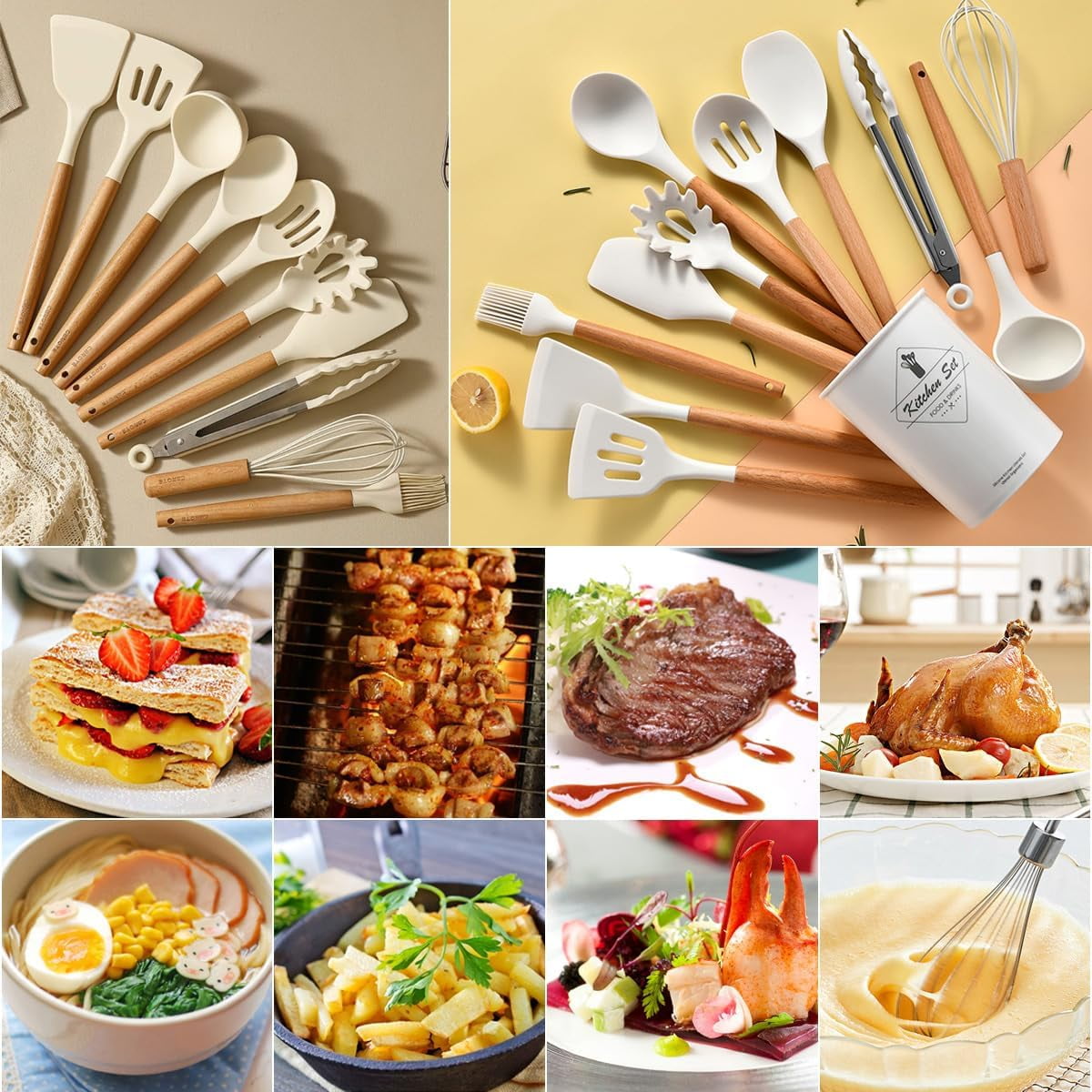 Seamless One-Piece Cooking Utensils Set, 12 packs Non-Stick Silicone Cooking Kitchen Utensils Spatula Set with Wooden Handles and... - Durable Turner & Ladle Utensil Set for Home Chefs Detail