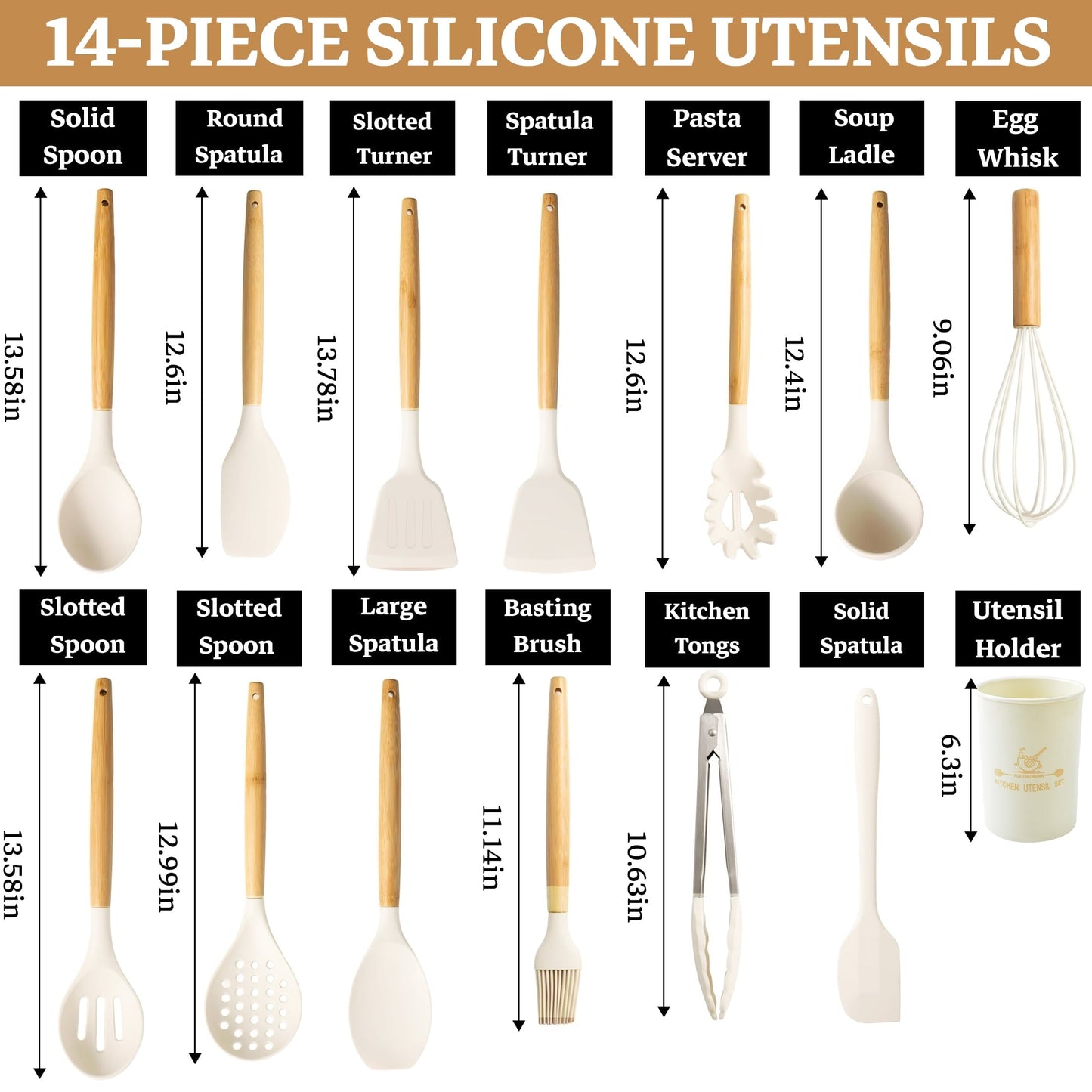 Heat-Resistant 14-Piece Silicone Cooking Utensils Set, Non-Stick Kitchen Utensil Set for Baking, Flipping, Mixing, White - Premium Stainless Steel Cooking Utensil for Non-Stick Pots Detail