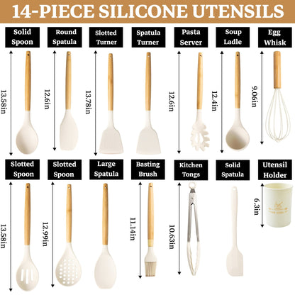 Heat-Resistant 14-Piece Silicone Cooking Utensils Set, Non-Stick Kitchen Utensil Set for Baking, Flipping, Mixing, White - Premium Stainless Steel Cooking Utensil for Non-Stick Pots Detail