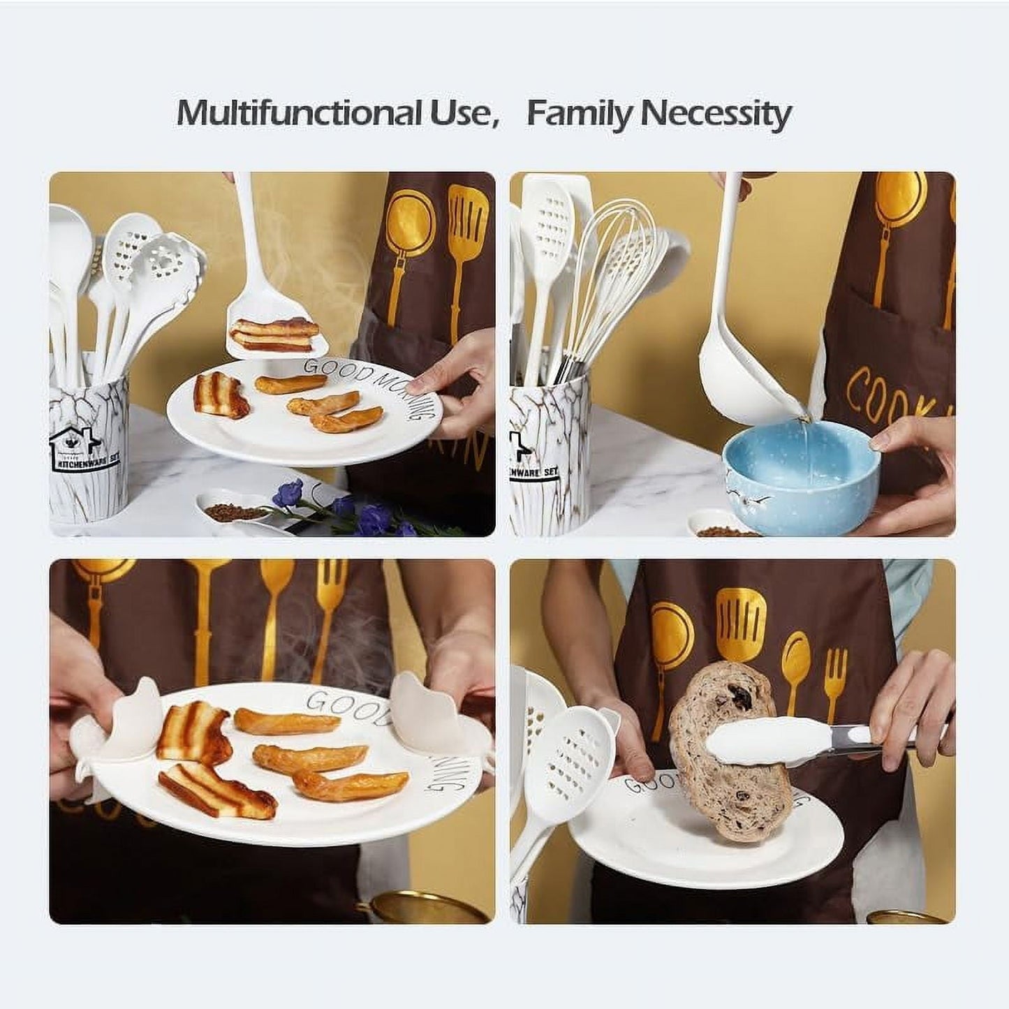 Premium Silicone Silicone Cooking Utensils Set - 446°F Heat Resistant Kitchen Utensils,Turner Tongs,Spatula,Spoon,Brush,Whisk,Kitchen ... - Ergonomic Kitchen Tongs and Cooking Spoon Utensil Detail