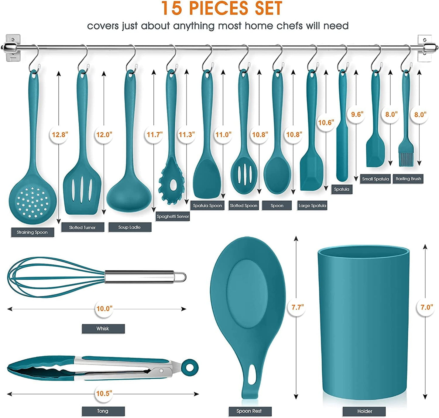 Durable Steel 15-Piece Kitchen Utensils Set, Silicone Cooking Utensils with Holder, Non-stick Cookware Friendly & Heat Resistant - ... - Professional Kitchen Tool for Culinary Enthusiasts Detail