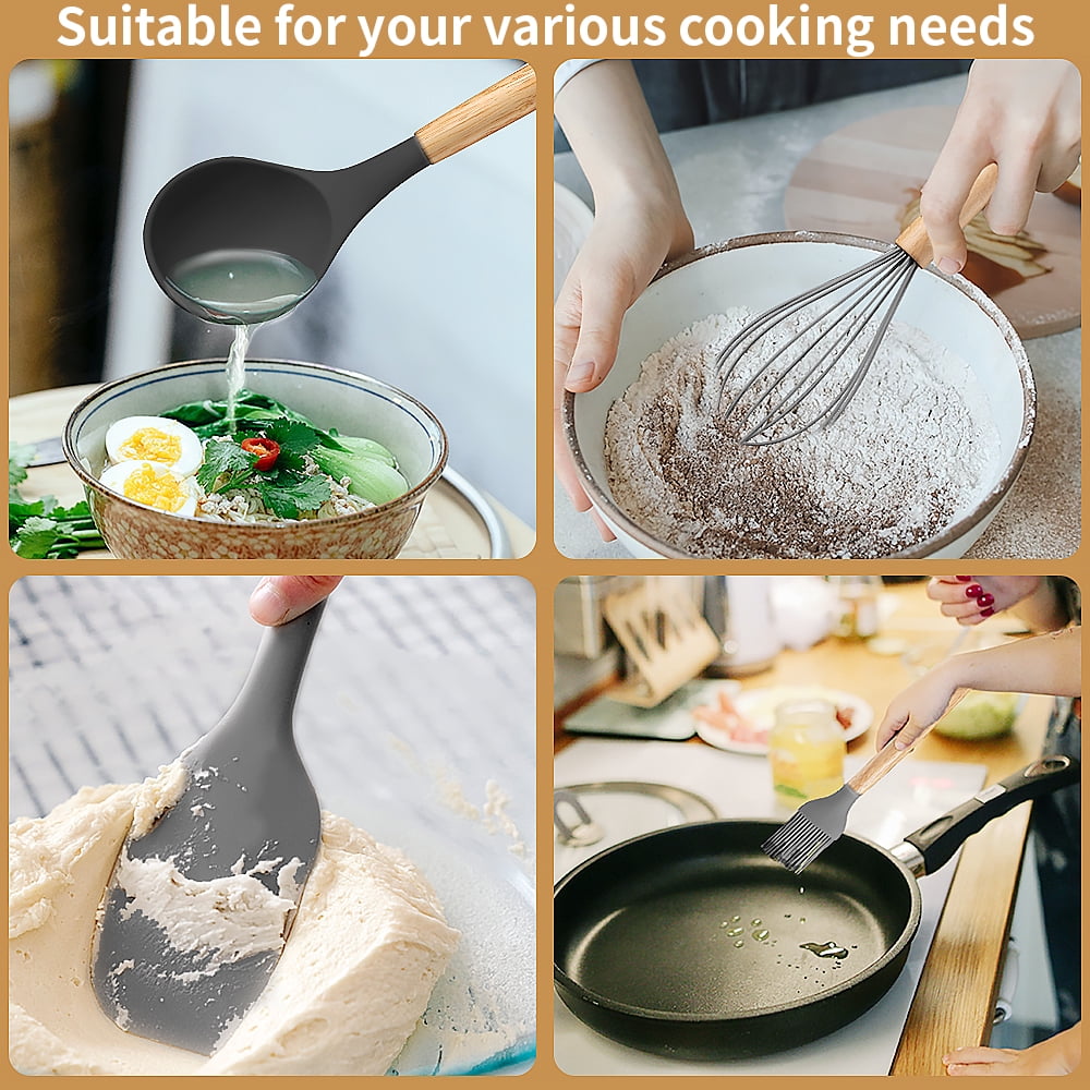 Ergonomic Cooking Silicone Wooden Heat Resistant Kitchen Utensil Set, 12 pcs - Heat-Resistant Silicone Cooking Spatula Turner Detail