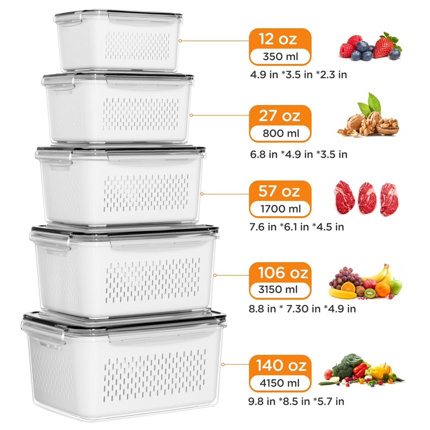 Fun Food Fidget 5 Pack Fruit Storage Containers for Fridge with Removable Colanders and Lids, 5 in 1 Leakproof Fridge Organizer Bins ... - Playful Star & Heart Shaped Geometric NeeDoh Detail