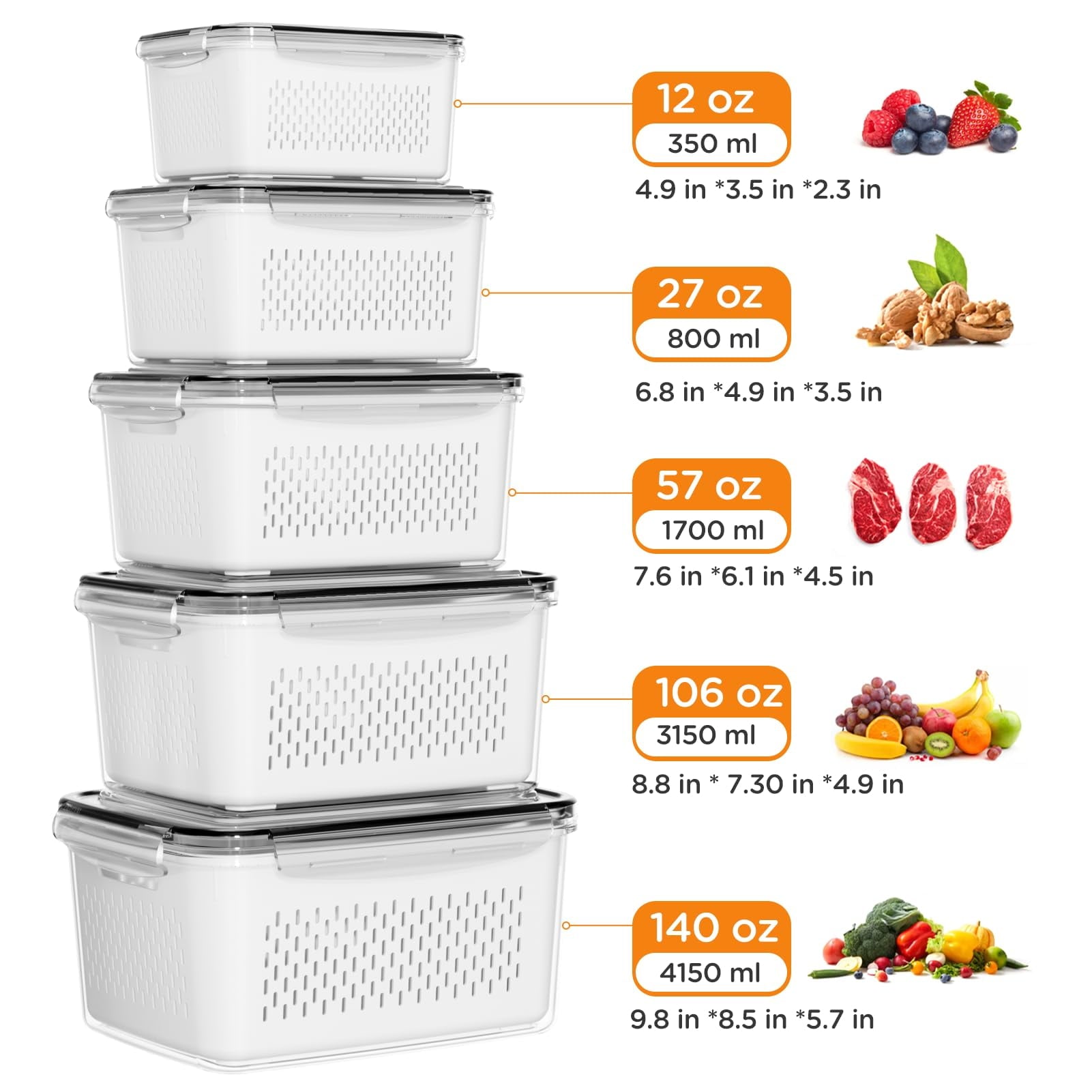 Fun Food Fidget 5 Pack Fruit Storage Containers for Fridge with Removable Colanders and Lids, 5 in 1 Leakproof Fridge Organizer Bins ... - Playful Star & Heart Shaped Geometric NeeDoh Detail