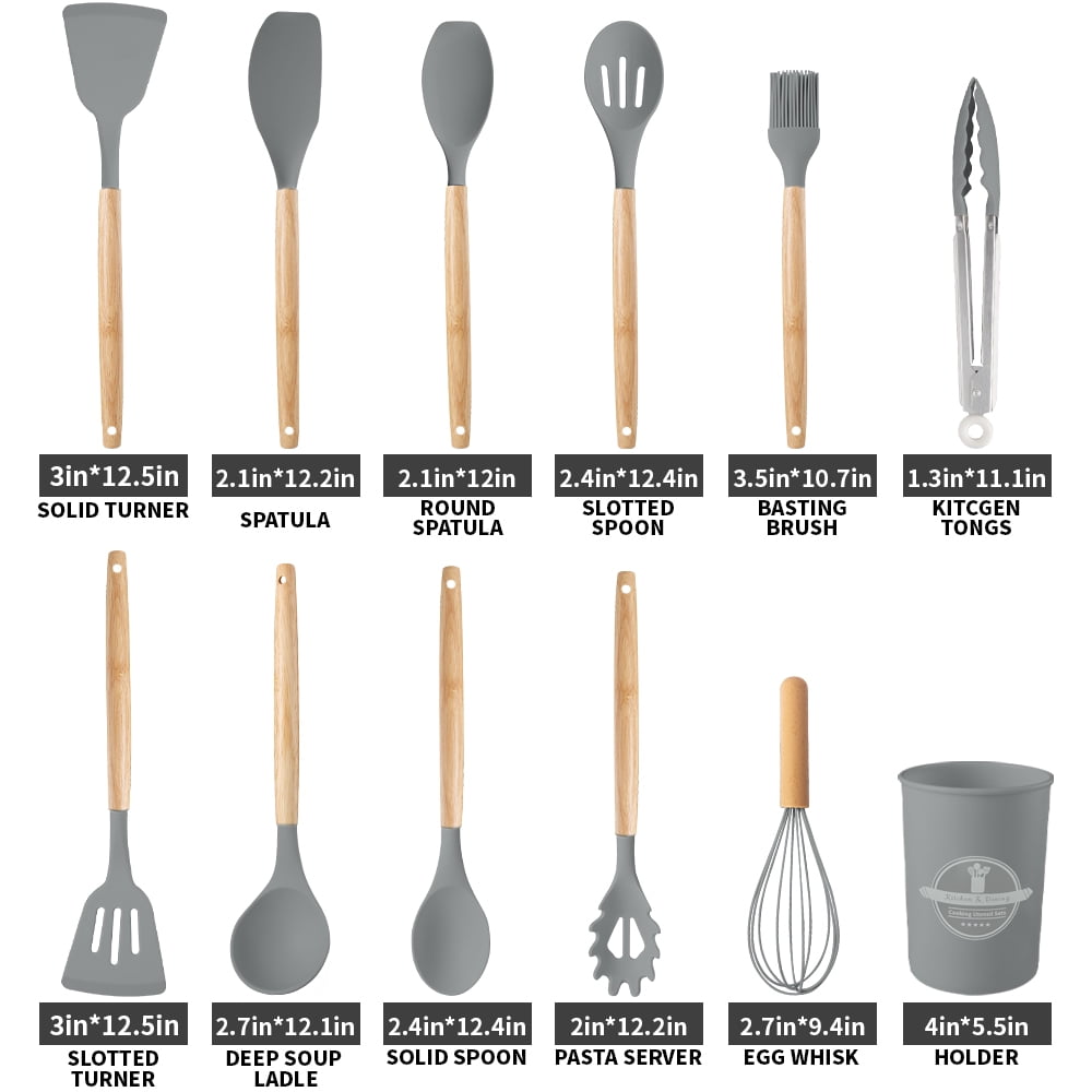 Ergonomic Cooking Silicone Wooden Heat Resistant Kitchen Utensil Set, 12 pcs - Heat-Resistant Silicone Cooking Spatula Turner Detail