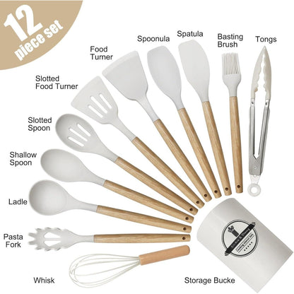 Seamless One-Piece Cooking Utensils Set, 12 packs Non-Stick Silicone Cooking Kitchen Utensils Spatula Set with Wooden Handles and... - Durable Turner & Ladle Utensil Set for Home Chefs Detail