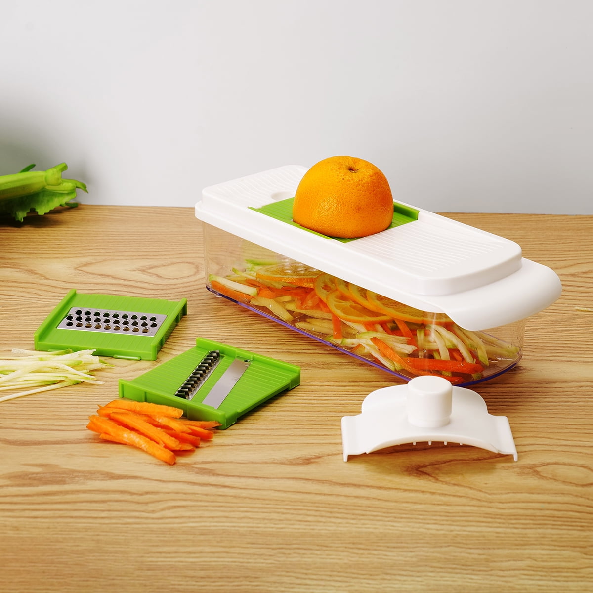 Time-Saving 11 Pieces Multi-Function Nice Dicer and Mandoline, Stainless Steel, Green Glaze, 820g - Premium Stainless Steel Garlic Presser & Peeler Detail