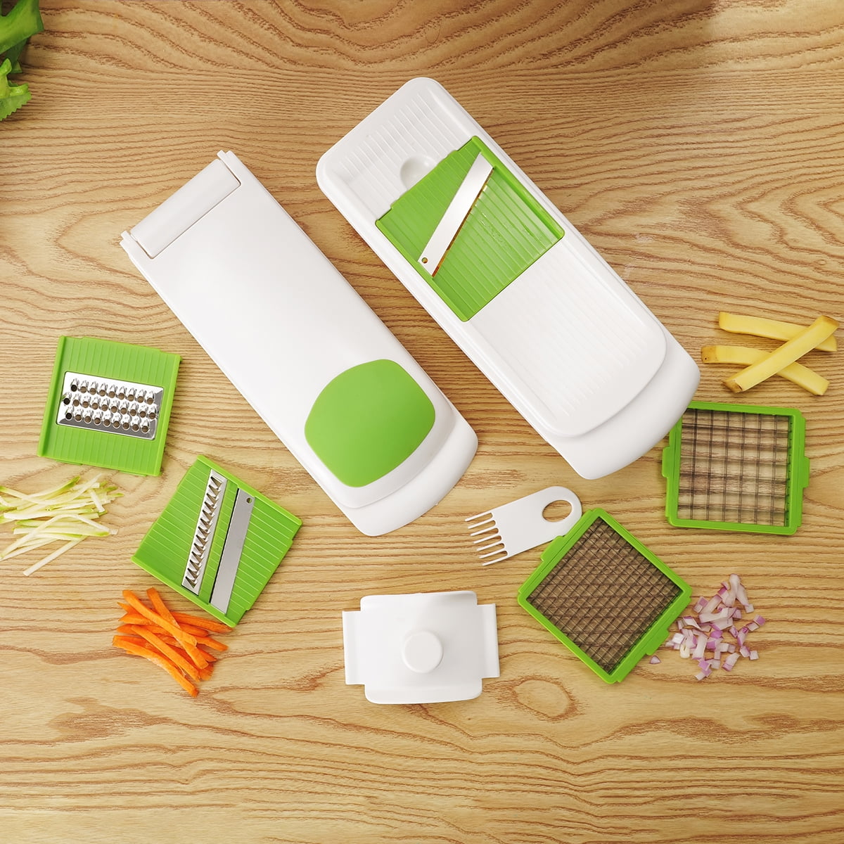 Time-Saving 11 Pieces Multi-Function Nice Dicer and Mandoline, Stainless Steel, Green Glaze, 820g - Premium Stainless Steel Garlic Presser & Peeler Detail