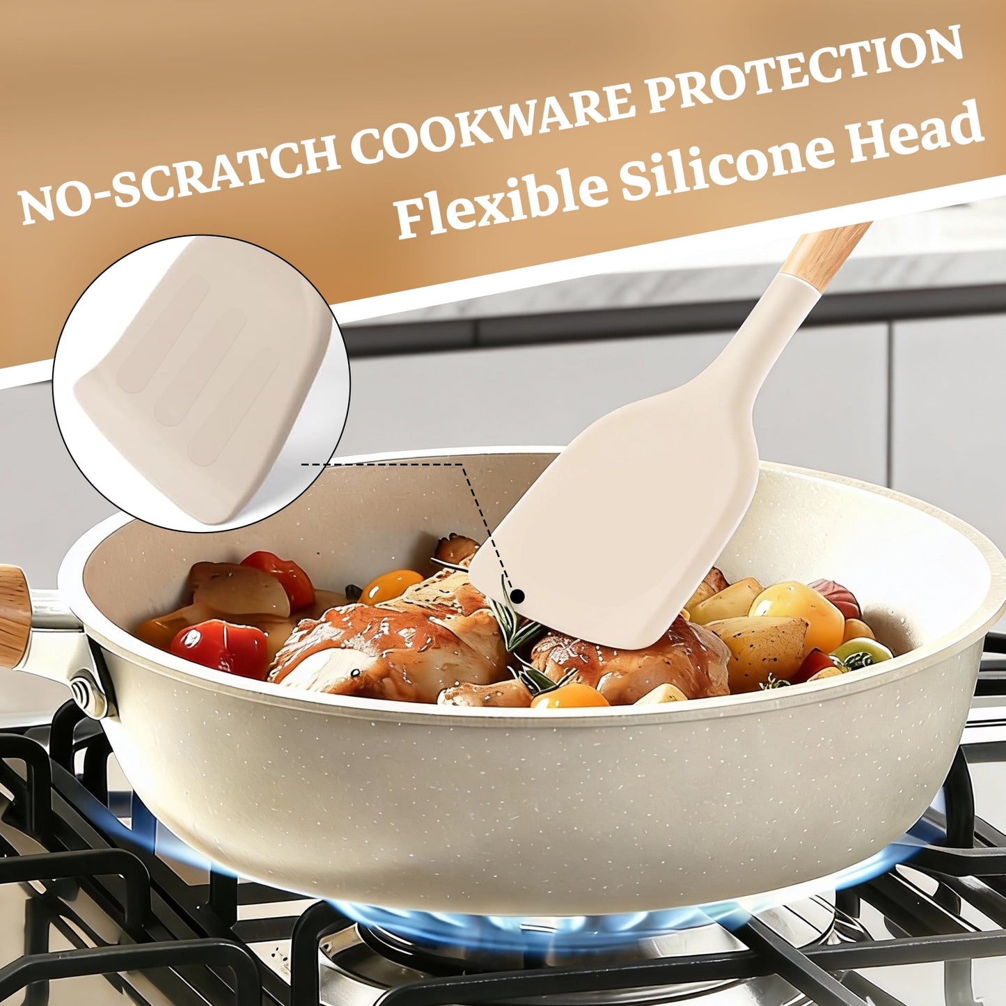 Heat-Resistant 14-Piece Silicone Cooking Utensils Set, Non-Stick Kitchen Utensil Set for Baking, Flipping, Mixing, White - Premium Stainless Steel Cooking Utensil for Non-Stick Pots Detail