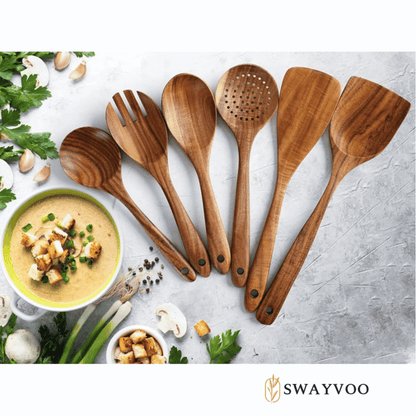 Seamless One-Piece Wooden Spoons for Cooking, 6-Piece 100% Natural Teak Wooden Utensils for Cooking — Heat Resistant, Non-Stick ... - Durable Turner & Ladle Utensil Set for Home Chefs Detail