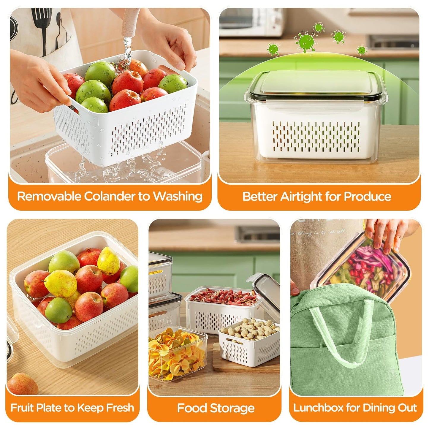 Fun Food Fidget 5 Pack Fruit Storage Containers for Fridge with Removable Colanders and Lids, 5 in 1 Leakproof Fridge Organizer Bins ... - Playful Star & Heart Shaped Geometric NeeDoh Detail