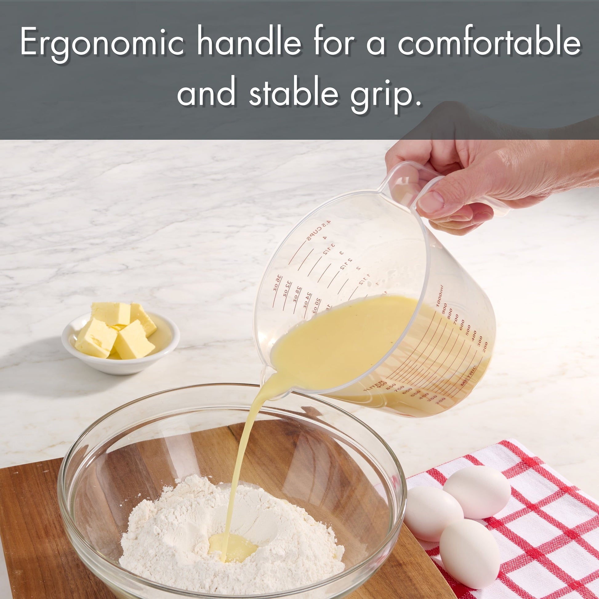 Ergonomic Manual 3-Piece Tapered Spout Nesting Plastic Measuring Cups Set, Clear - Kitchen Gadget Tool for Quick Food Prep Detail